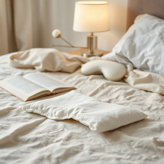 Organic cotton night pads neatly placed on soft bedding beside a bedside lamp